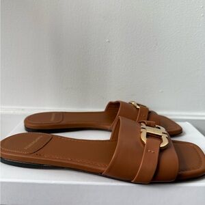 Salvatore Ferragamo Tan Leather Slide Sandals with Gold Buckle